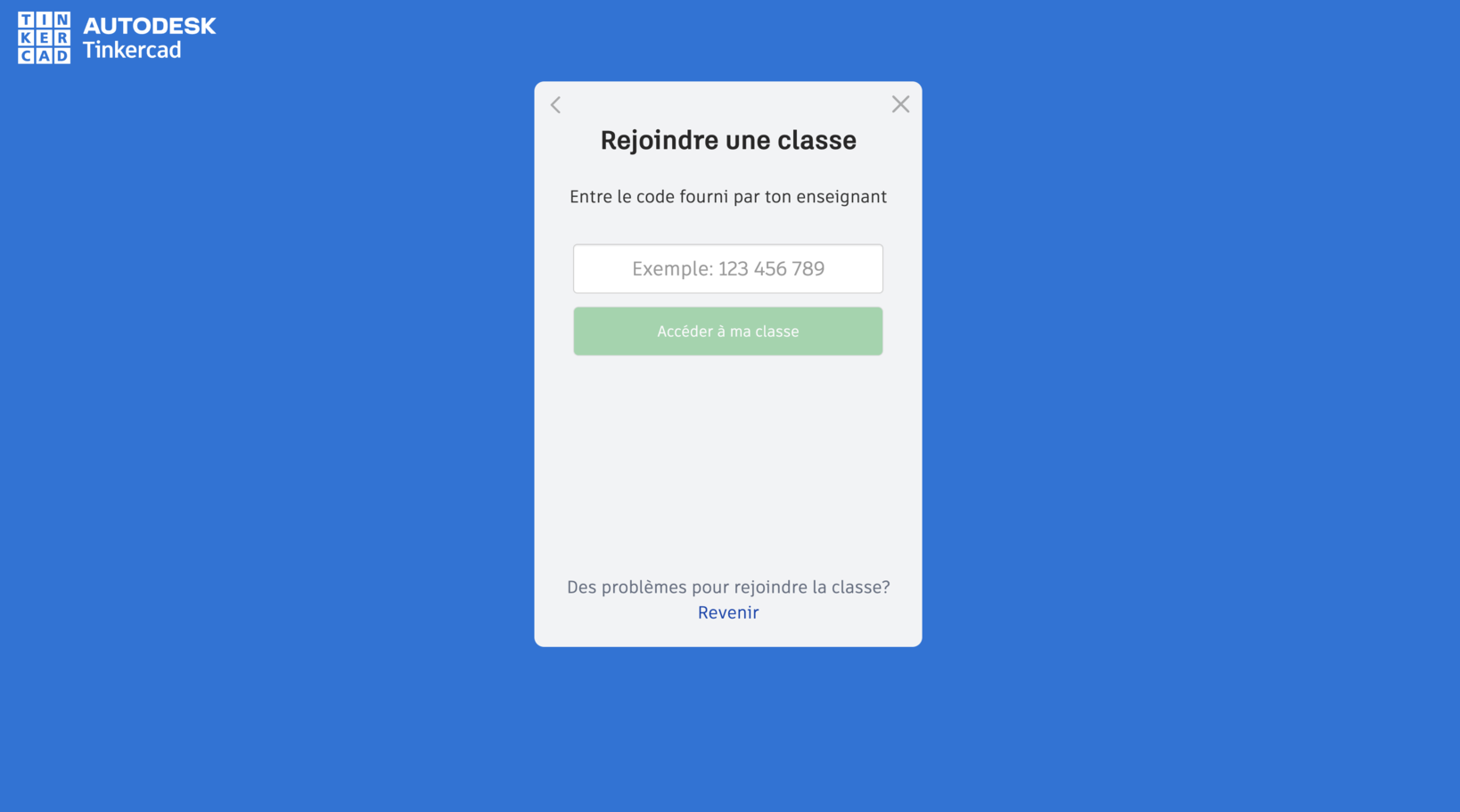 La fenêtre « Rejoindre une classe » de Tinkercad, avec le champ pour le code fourni par l'enseignant