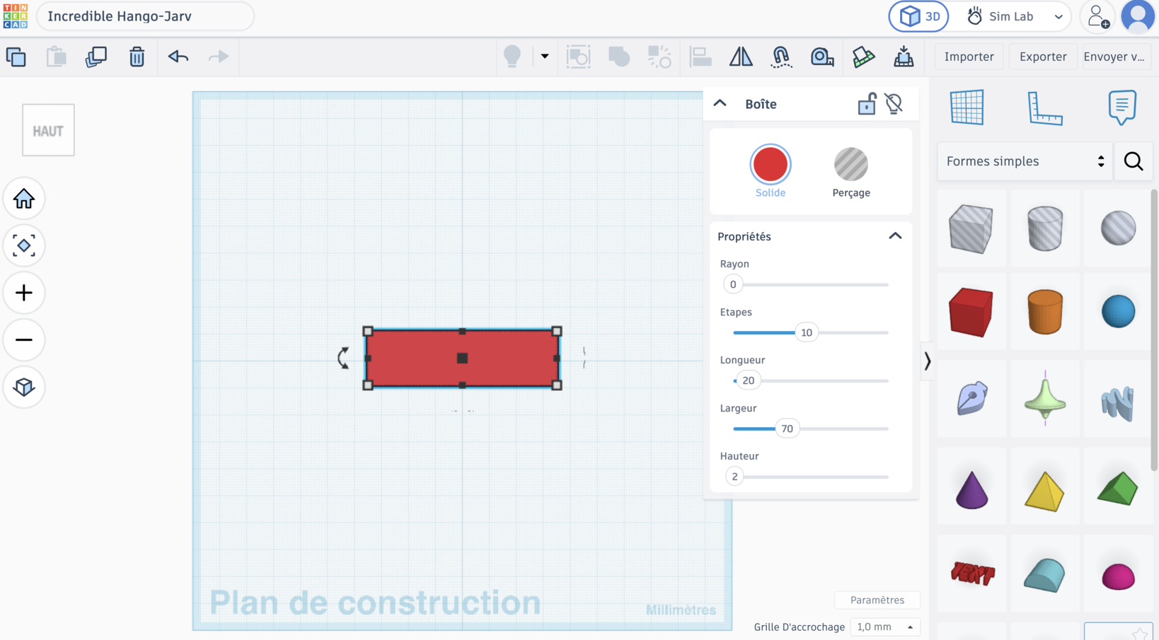Le panneau Propriétés d'une boîte dans Tinkercad, réglé sur longueur 20, largeur 70, hauteur 2