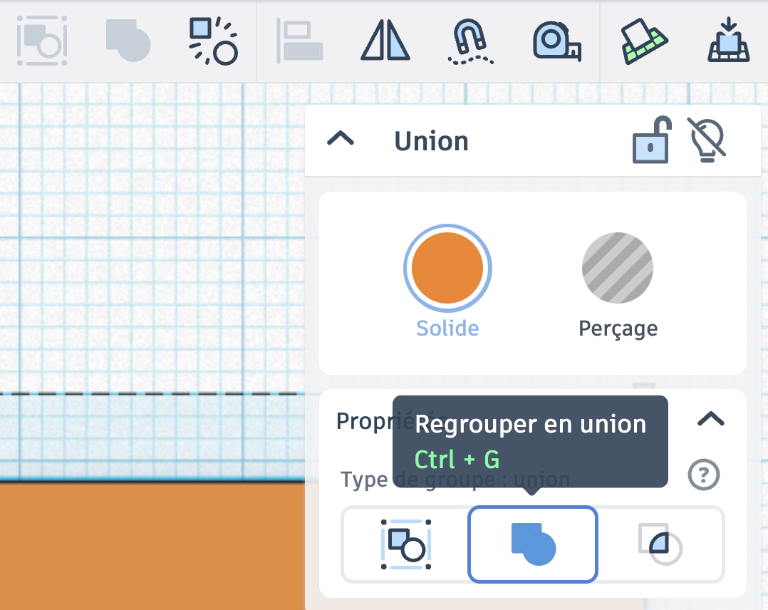 Le panneau Union avec l'infobulle « Regrouper en union, Ctrl + G » et les trois icônes de groupement, celle du milieu sélectionnée
