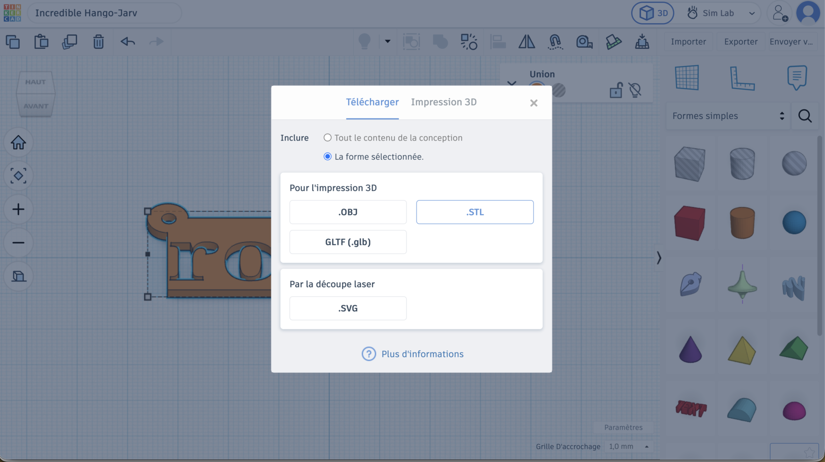 La fenêtre d'export de Tinkercad, avec les formats OBJ, STL, GLTF et SVG