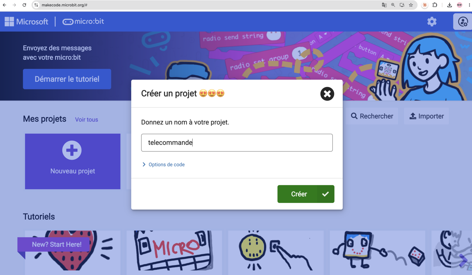 La fenêtre « Créer un projet » de MakeCode avec le nom telecommande